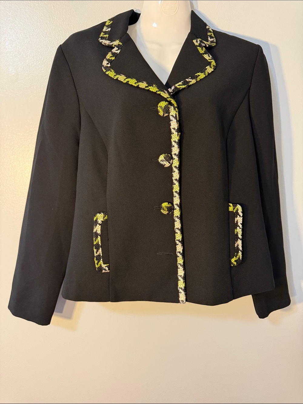 Classic Black Blazer with Lime and Cream Houndstooth Trim